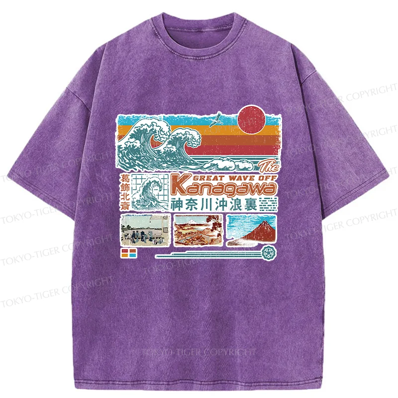 Tokyo-Tiger Retro Ukiyo-e Waves Washed T-Shirt