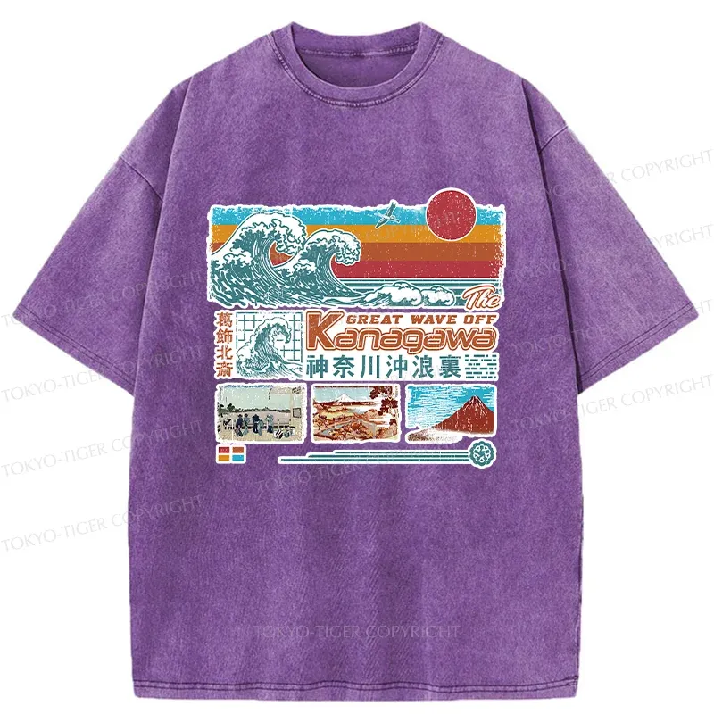 Tokyo-Tiger Retro Ukiyo-e Waves Washed T-Shirt
