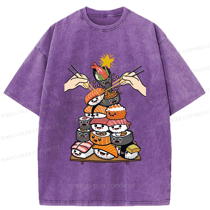 Tokyo-Tiger Sushi Christmas Tree Japan Washed T-Shirt