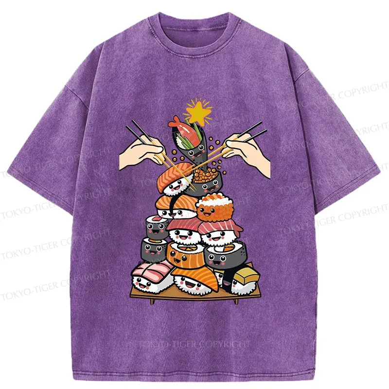 Tokyo-Tiger Sushi Christmas Tree Japan Washed T-Shirt