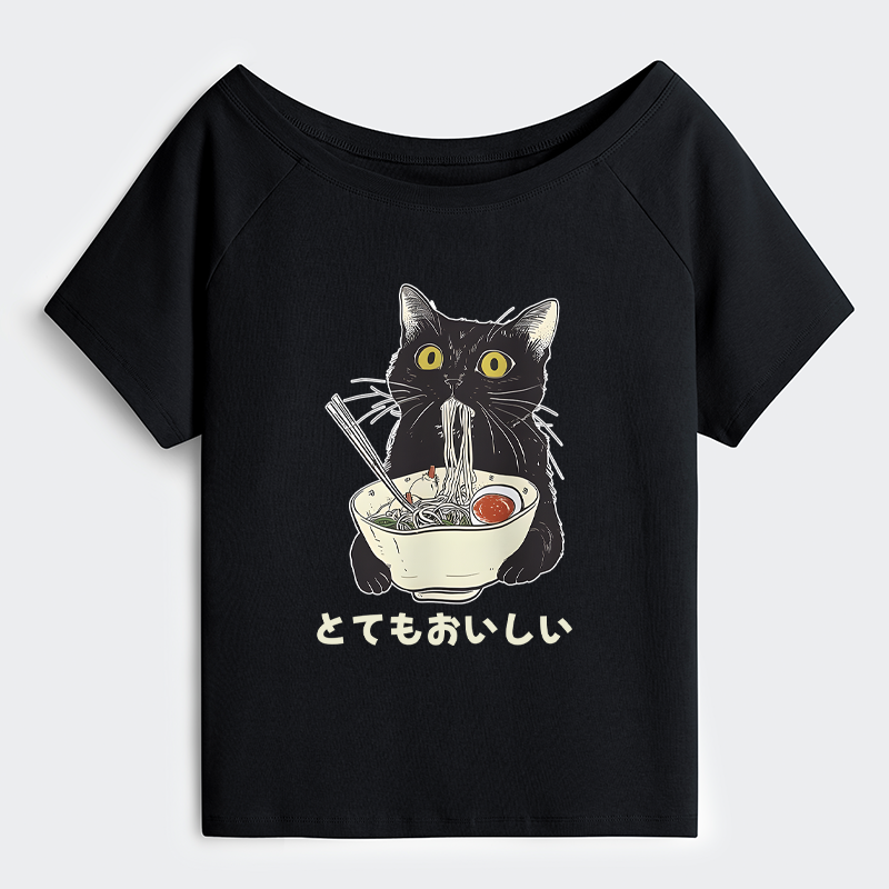 Tokyo-Tiger Cats Eat Ramen Noodles Off Shoulder T-Shirt