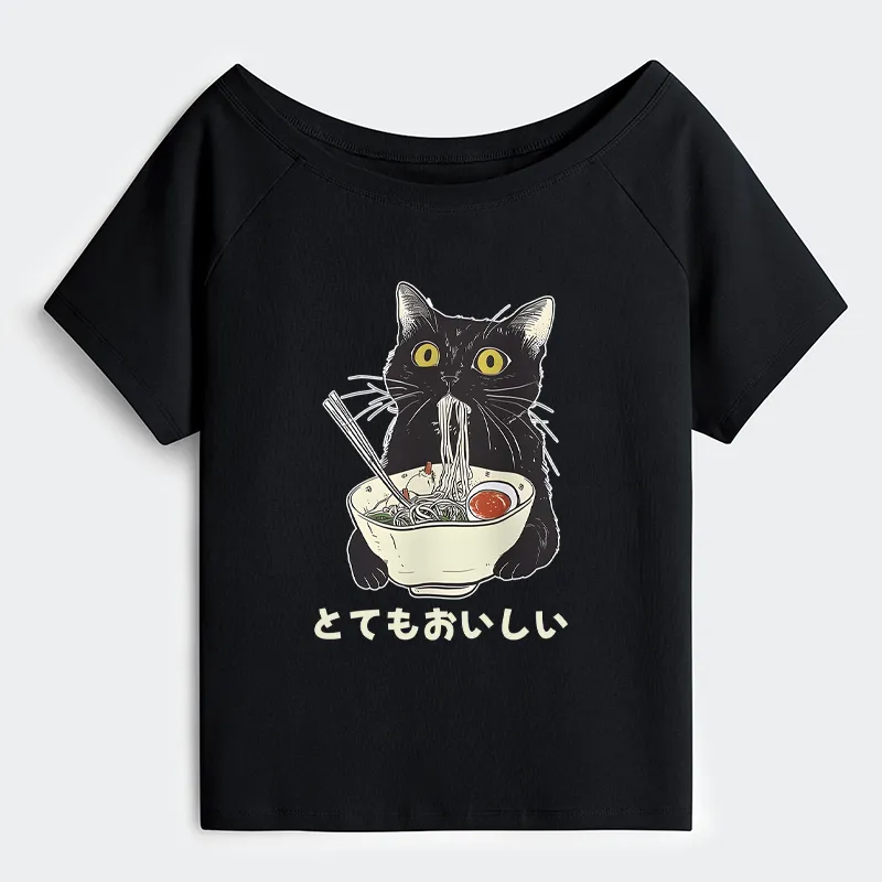 Tokyo-Tiger Cats Eat Ramen Noodles Off Shoulder T-Shirt