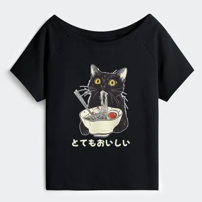 Tokyo-Tiger Cats Eat Ramen Noodles Off Shoulder T-Shirt