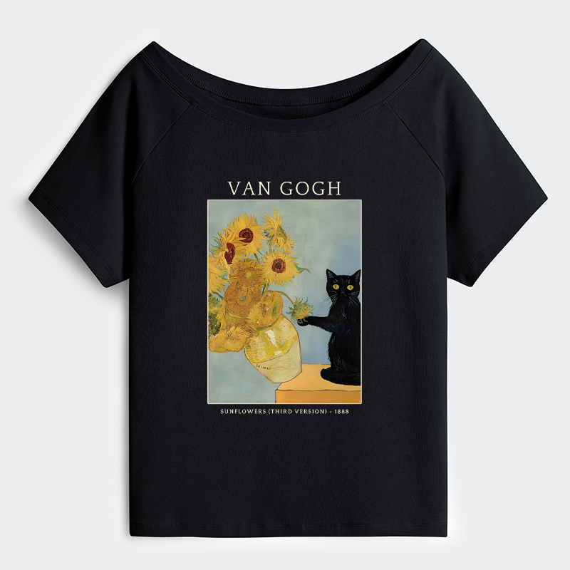 Tokyo-Tiger Black Cat With Sunflowers Off Shoulder T-Shirt