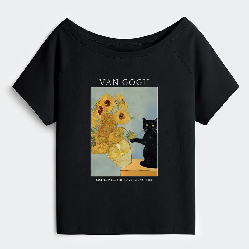 Tokyo-Tiger Black Cat With Sunflowers Off Shoulder T-Shirt