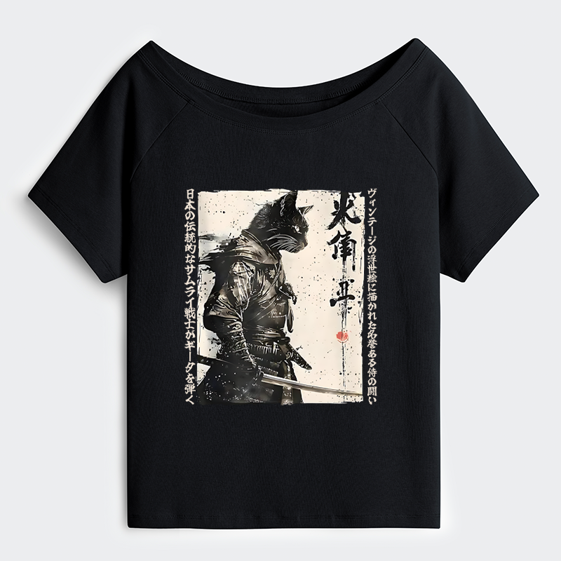 Tokyo-Tiger Cat Samurai Retro Off Shoulder T-Shirt