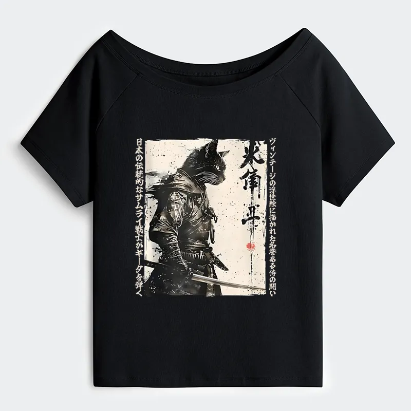 Tokyo-Tiger Cat Samurai Retro Off Shoulder T-Shirt