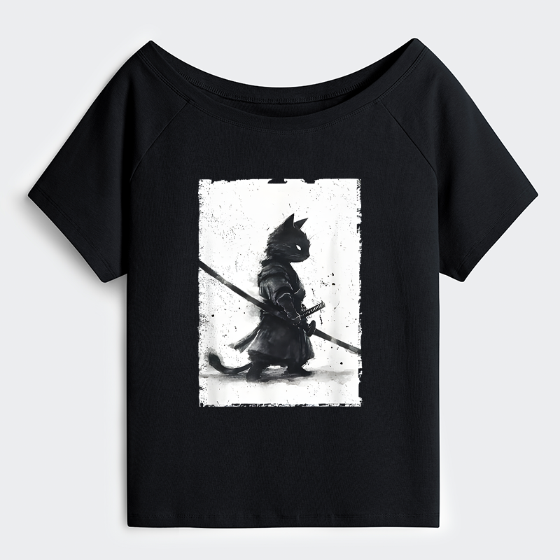 Tokyo-Tiger Retro Cat Samurai Japanese Shoulder T-Shirt