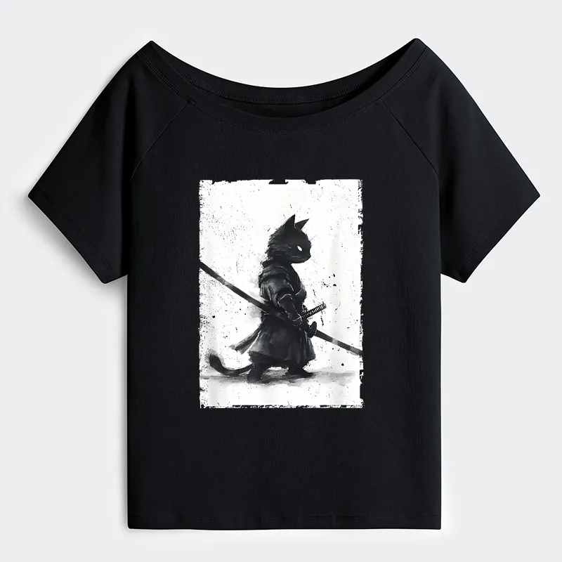 Tokyo-Tiger Retro Cat Samurai Japanese Shoulder T-Shirt