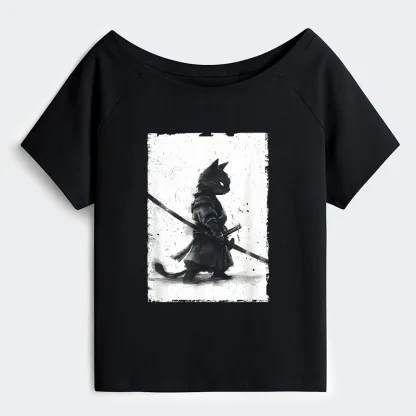 Tokyo-Tiger Retro Cat Samurai Japanese Shoulder T-Shirt