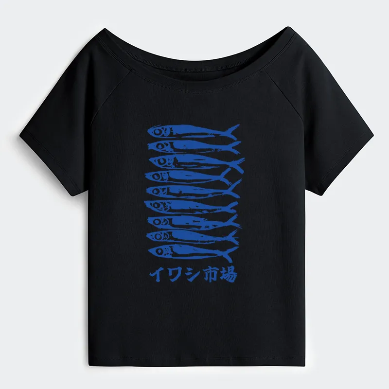 Tokyo-Tiger Sardine Market Off Shoulder T-Shirt