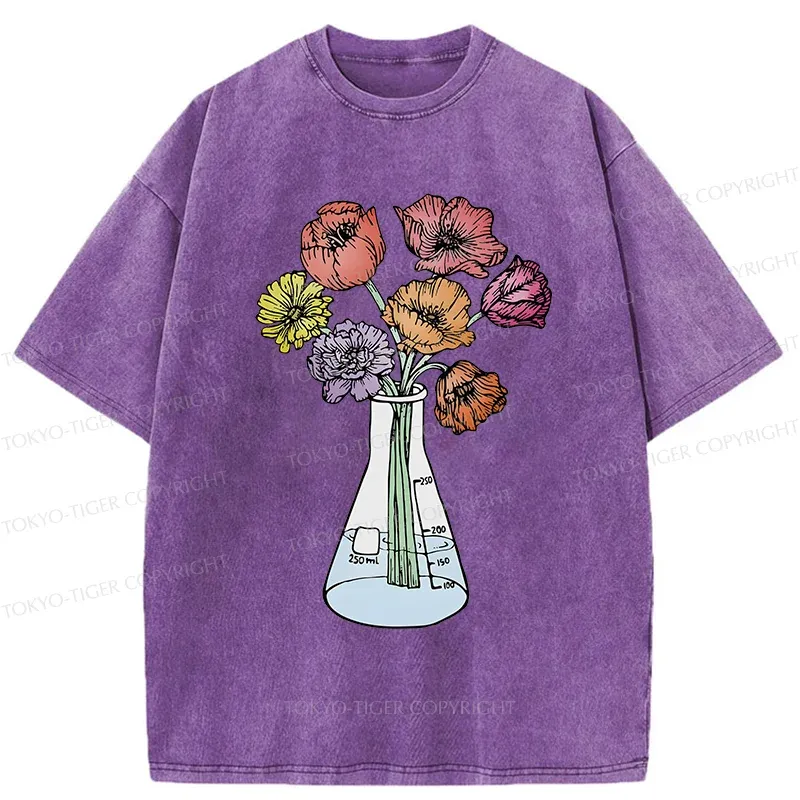 Tokyo-Tiger Beaker Flower Art Washed T-Shirt