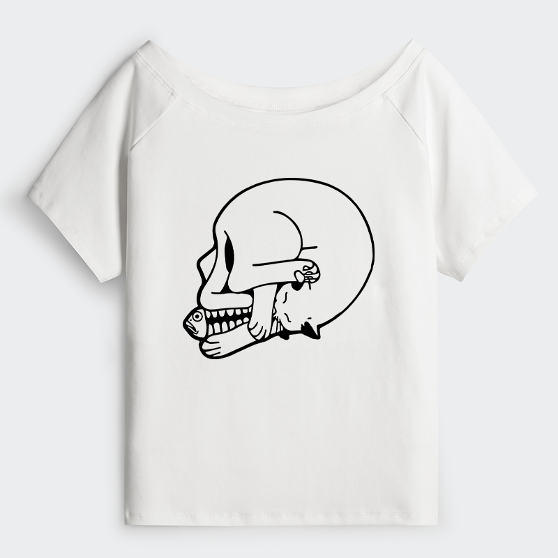 Tokyo-Tiger Funny Cat Eating Fish Off Shoulder T-Shirt