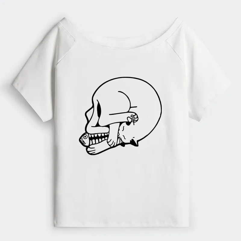 Tokyo-Tiger Funny Cat Eating Fish Off Shoulder T-Shirt