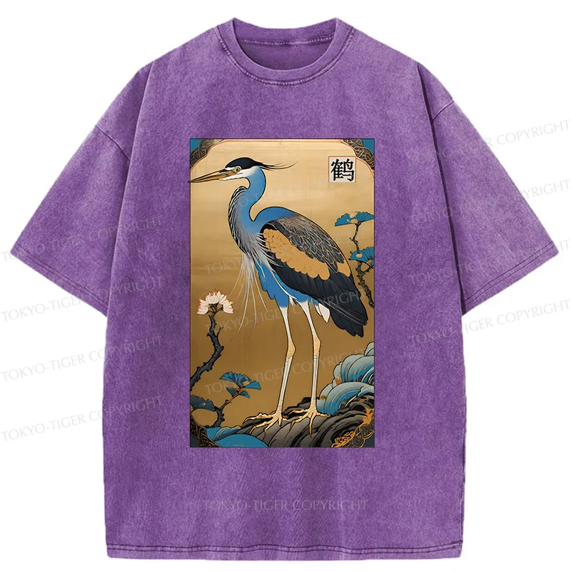 Tokyo-Tiger Ukiyo-e Japanese Cranes Washed T-Shirt