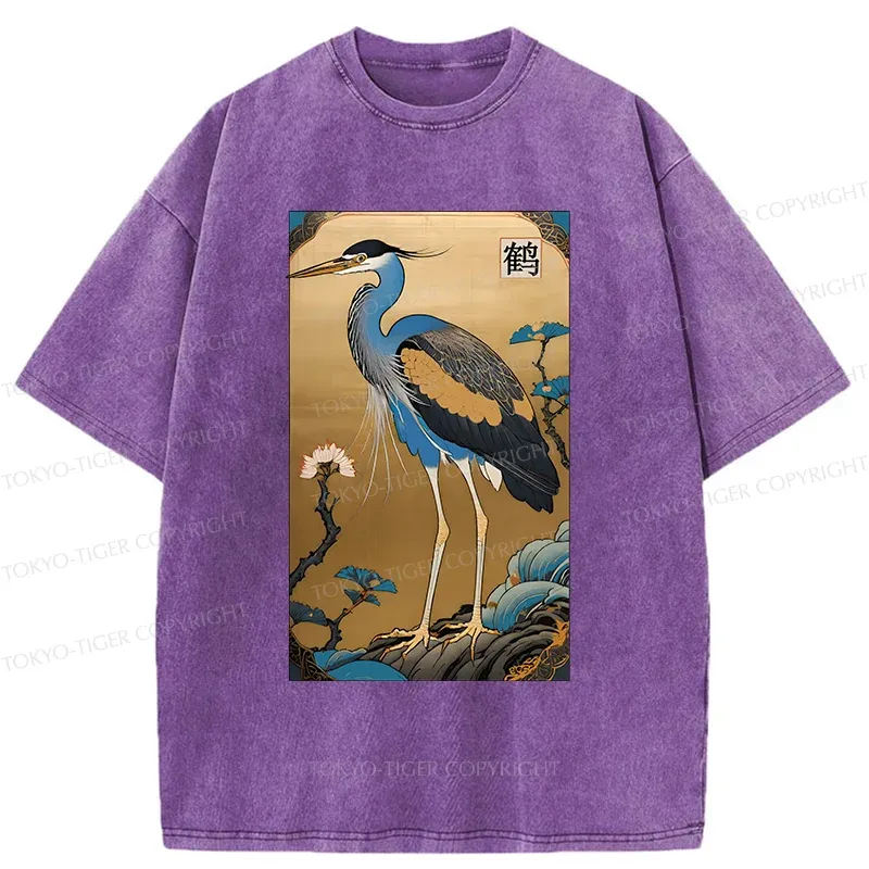 Tokyo-Tiger Ukiyo-e Japanese Cranes Washed T-Shirt