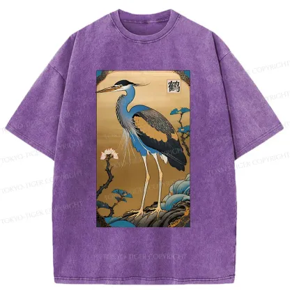 Tokyo-Tiger Ukiyo-e Japanese Cranes Washed T-Shirt