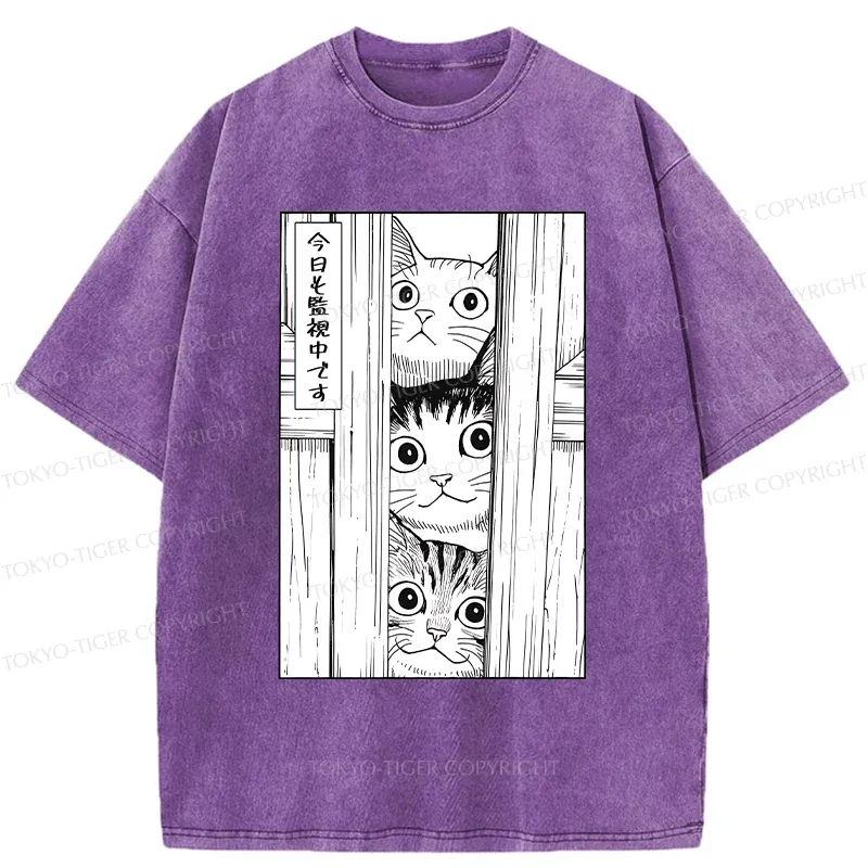 Tokyo-Tiger Three Cats Watching You Washed T-Shirt