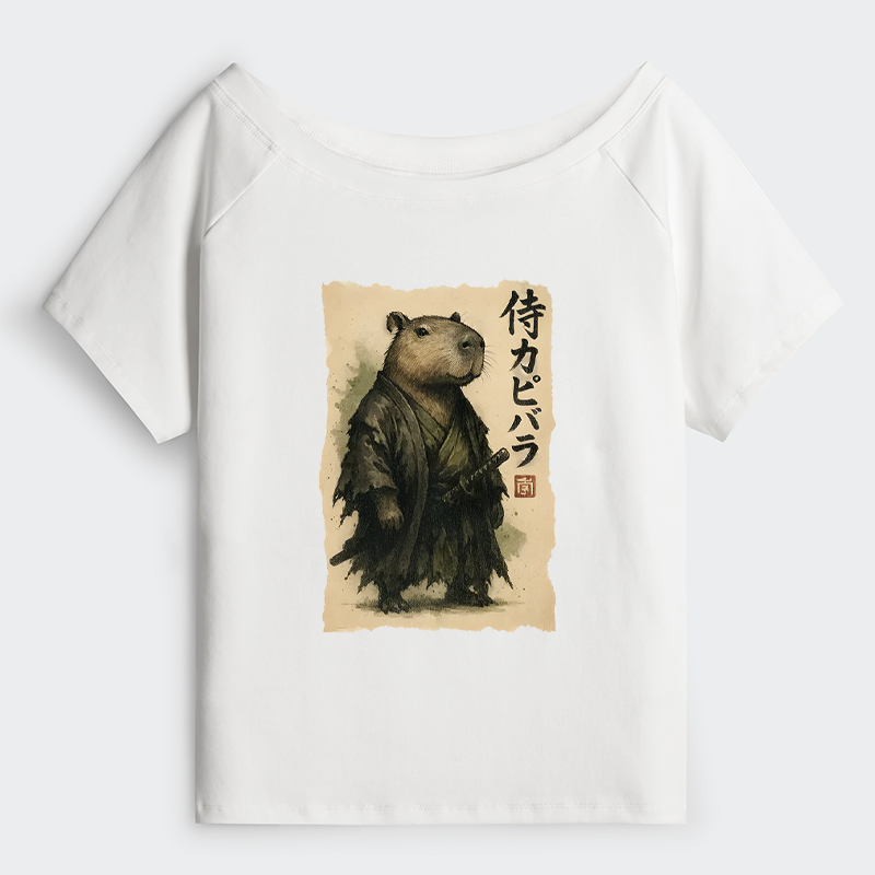 Tokyo-Tiger Capybara Samurai Off Shoulder T-Shirt