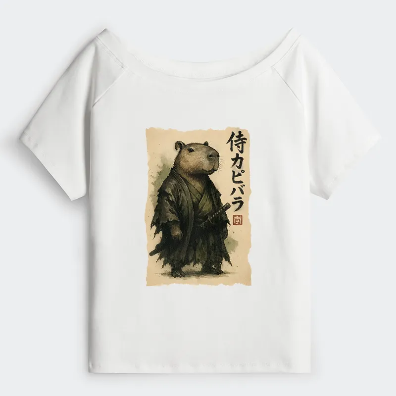 Tokyo-Tiger Capybara Samurai Off Shoulder T-Shirt