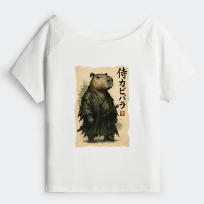 Tokyo-Tiger Capybara Samurai Off Shoulder T-Shirt