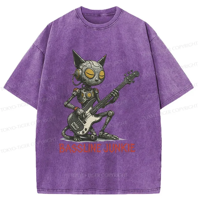 Tokyo-Tiger Robot Cat Playing Bass Washed T-Shirt