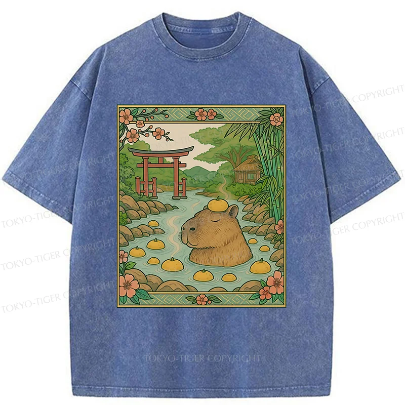 Tokyo-Tiger Bathing Capybara Ukiyoe Washed T-Shirt