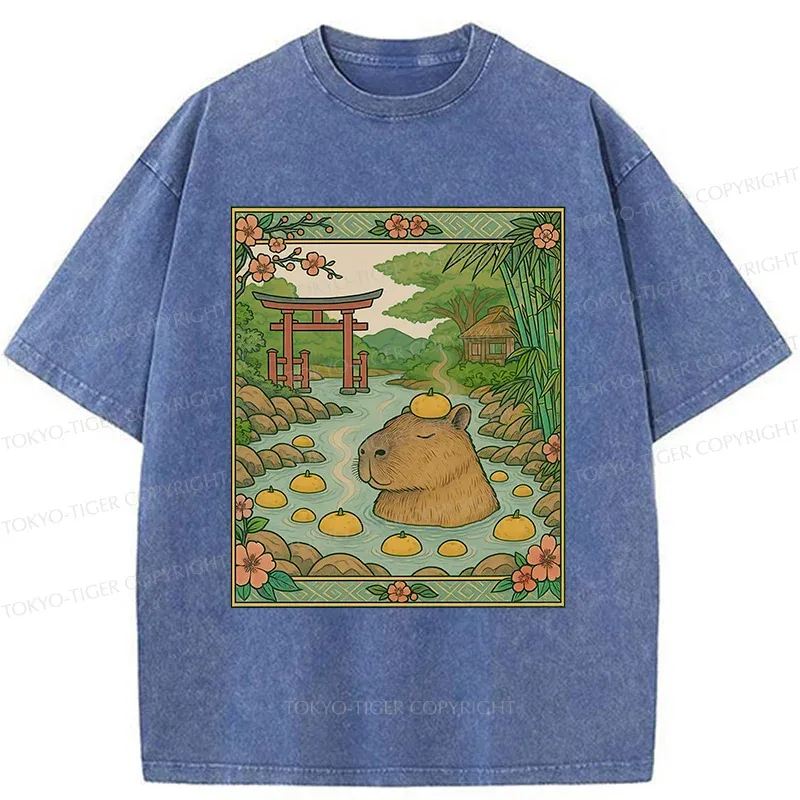Tokyo-Tiger Bathing Capybara Ukiyoe Washed T-Shirt