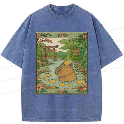 Tokyo-Tiger Bathing Capybara Ukiyoe Washed T-Shirt