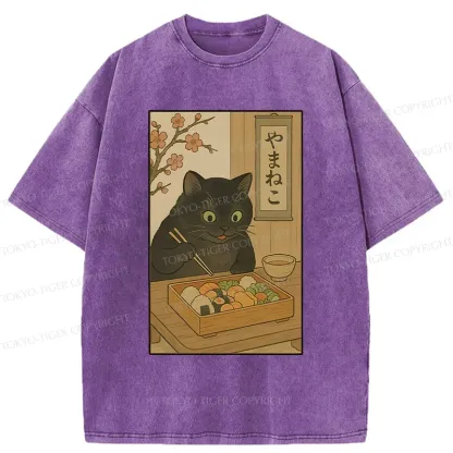 Tokyo-Tiger Black Cat Eating Sushi Washed T-Shirt