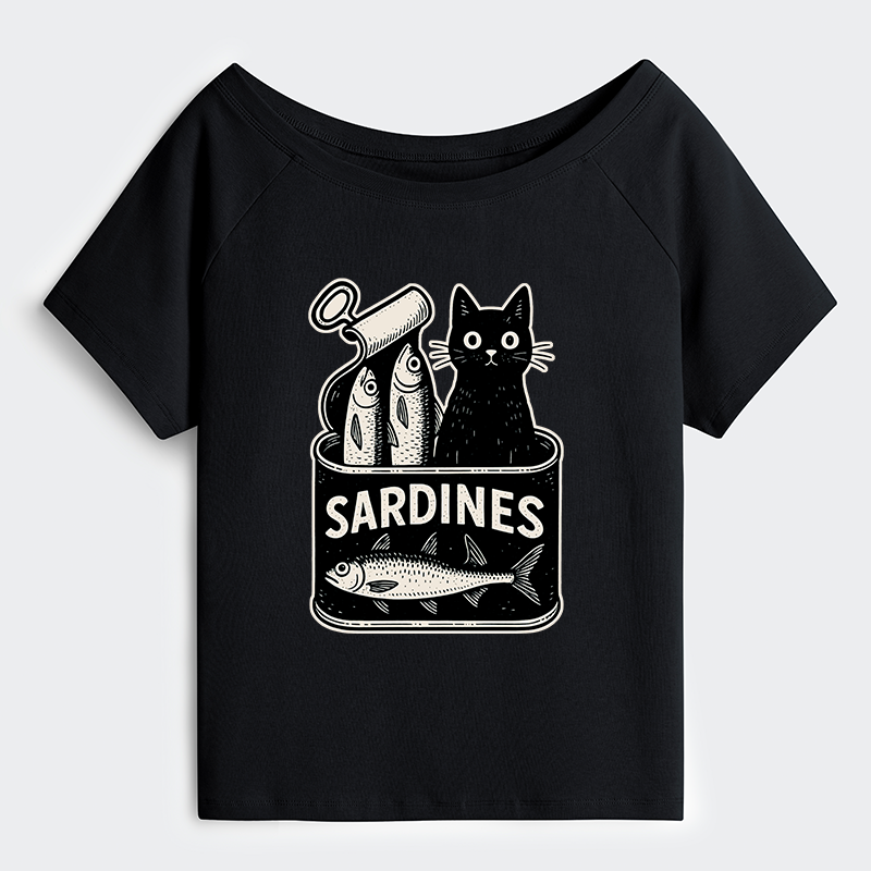Tokyo-Tiger Cat And Canned Fish Off Shoulder T-Shirt