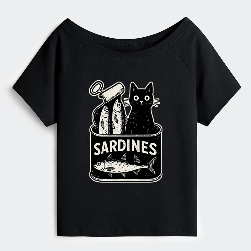 Tokyo-Tiger Cat And Canned Fish Off Shoulder T-Shirt