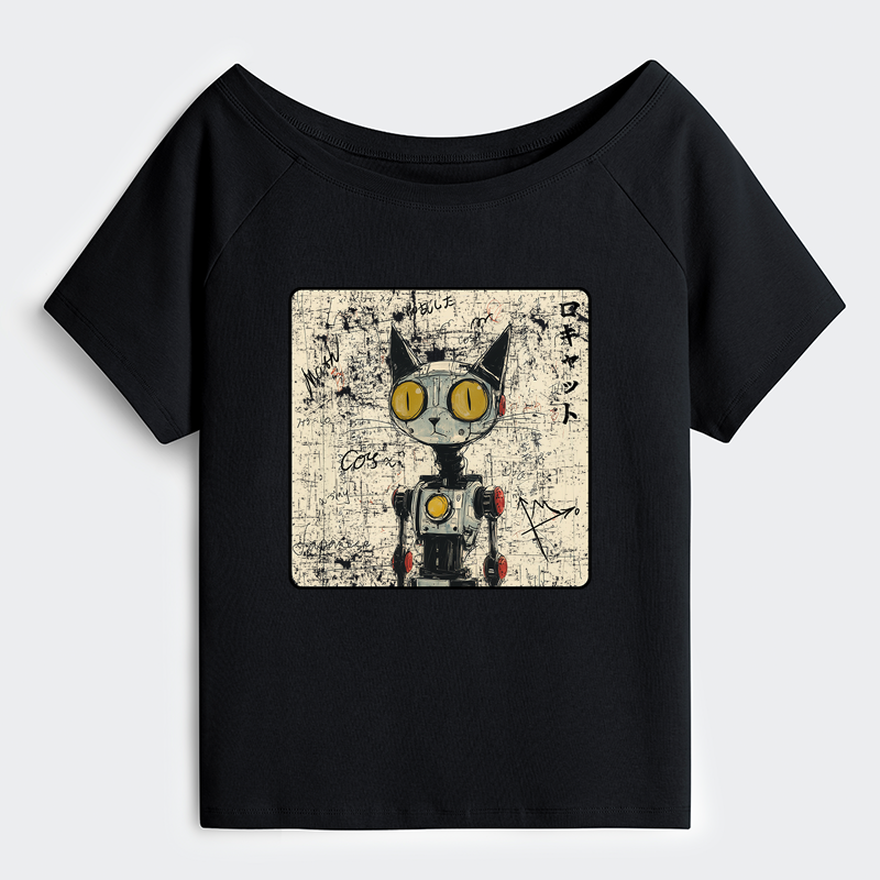 Tokyo-Tiger Robot Cat Off Shoulder T-Shirt