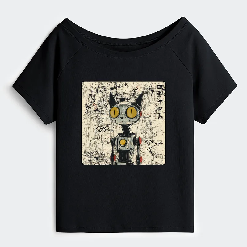 Tokyo-Tiger Robot Cat Off Shoulder T-Shirt