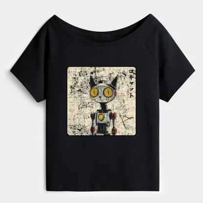 Tokyo-Tiger Robot Cat Off Shoulder T-Shirt