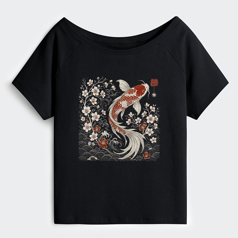 Tokyo-Tiger Vintage Sakura And Koi Off Shoulder T-Shirt