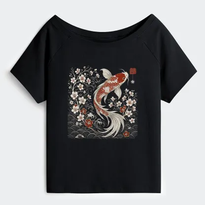 Tokyo-Tiger Vintage Sakura And Koi Off Shoulder T-Shirt