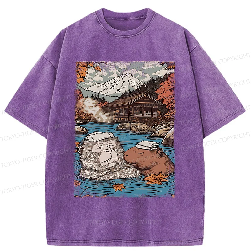 Tokyo-Tiger Monkeys And Capybaras Taking A Bath Washed T-Shirt