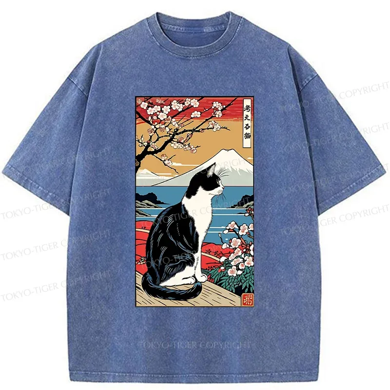 Tokyo-Tiger Thinking Cat Poster Washed T-Shirt