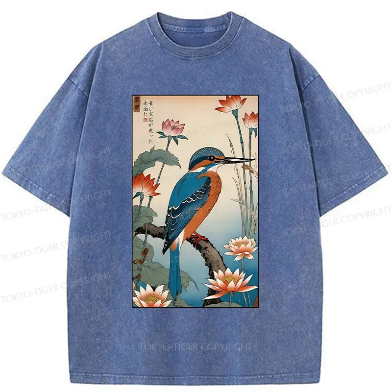 Tokyo-Tiger Ukiyo-e Kingfisher Washed T-Shirt