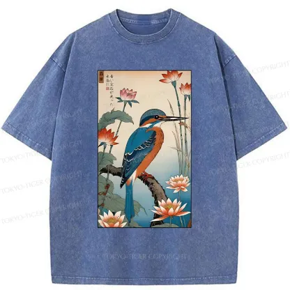 Tokyo-Tiger Ukiyo-e Kingfisher Washed T-Shirt