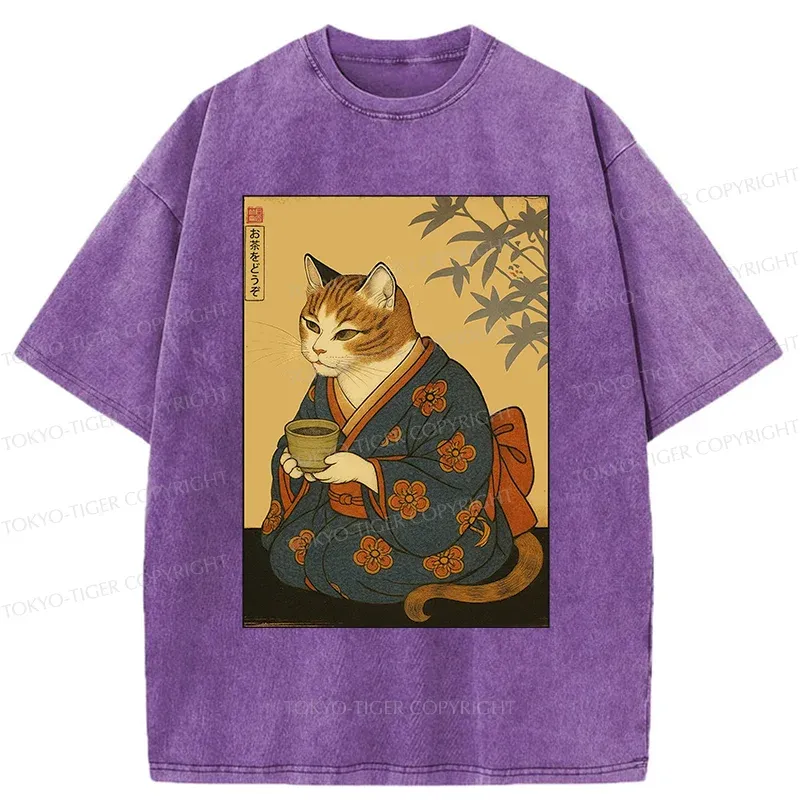 Tokyo-Tiger Ukiyoe Cat Drinking Tea Washed T-Shirt