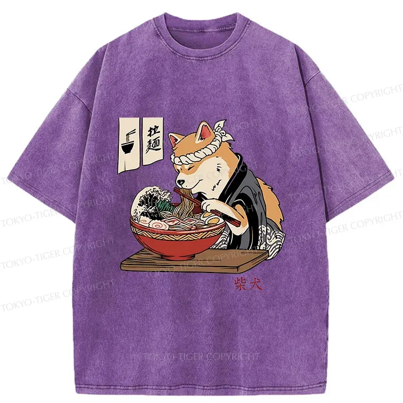 Tokyo-Tiger Shiba Inu Eating Ramen Japan Washed T-Shirt