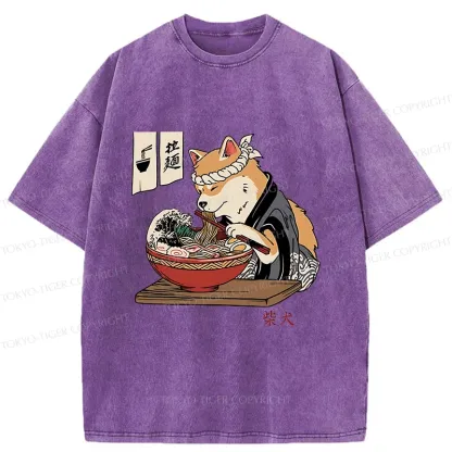 Tokyo-Tiger Shiba Inu Eating Ramen Japan Washed T-Shirt