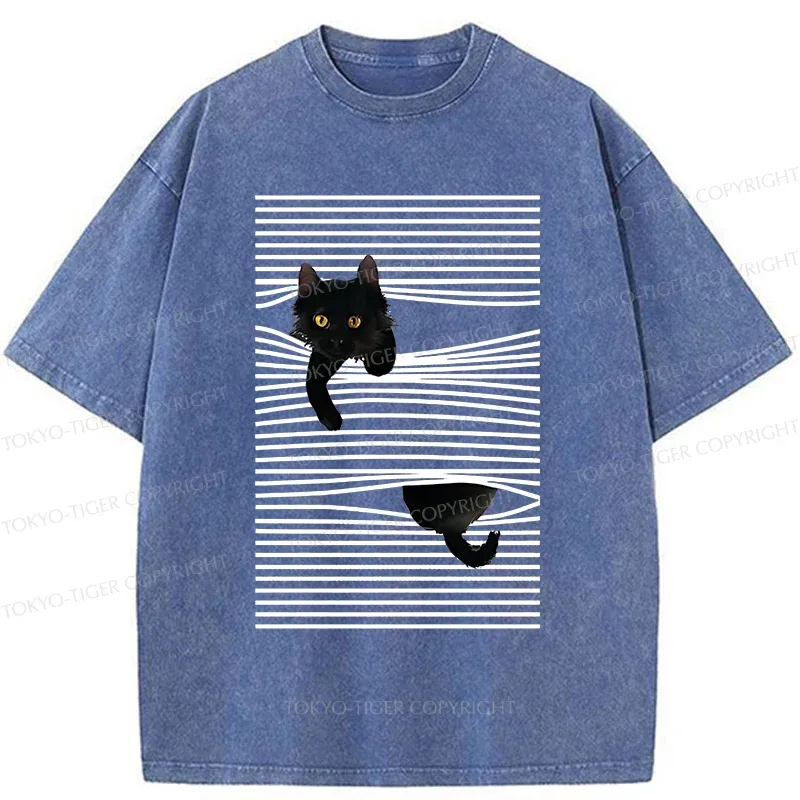Tokyo-Tiger Cat Scratching Curtain Washed T-Shirt