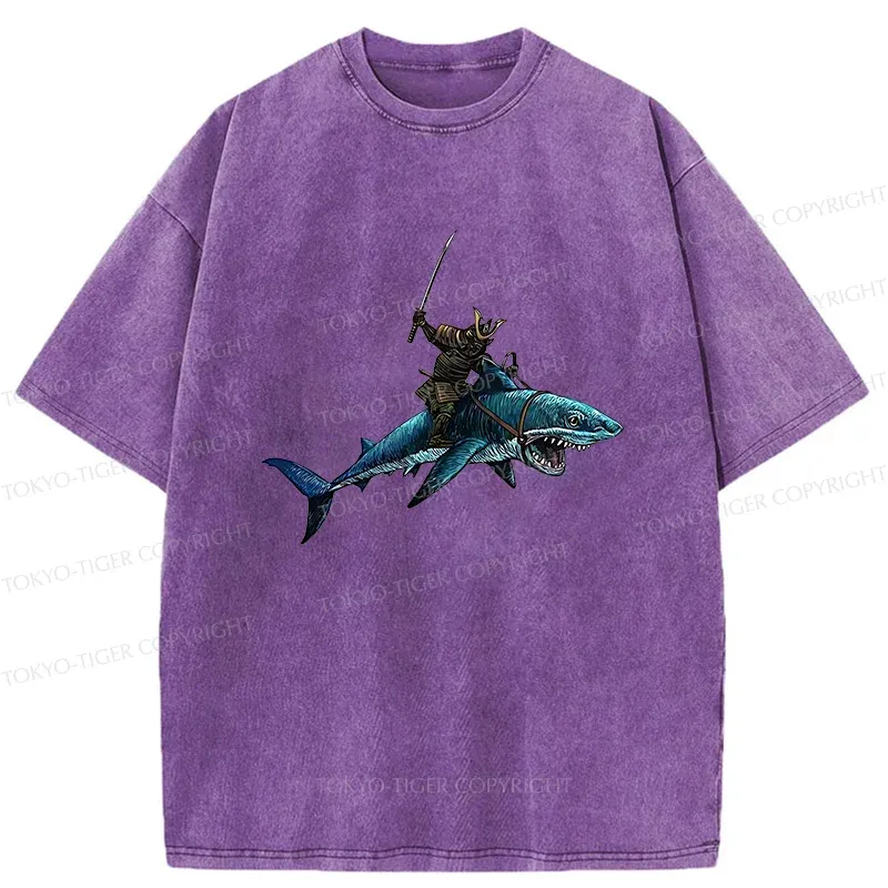 Tokyo-Tiger Samurai Riding A Shark Washed T-Shirt