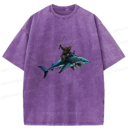 Tokyo-Tiger Samurai Riding A Shark Washed T-Shirt