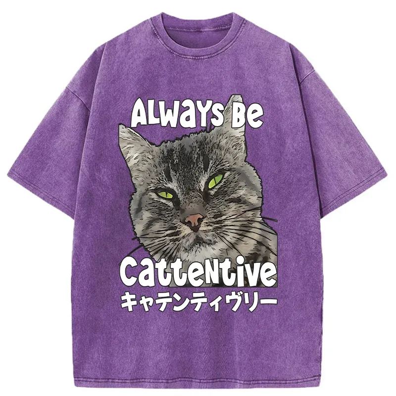Tokyo-Tiger Always Be Cattentive Funny Washed T-Shirt