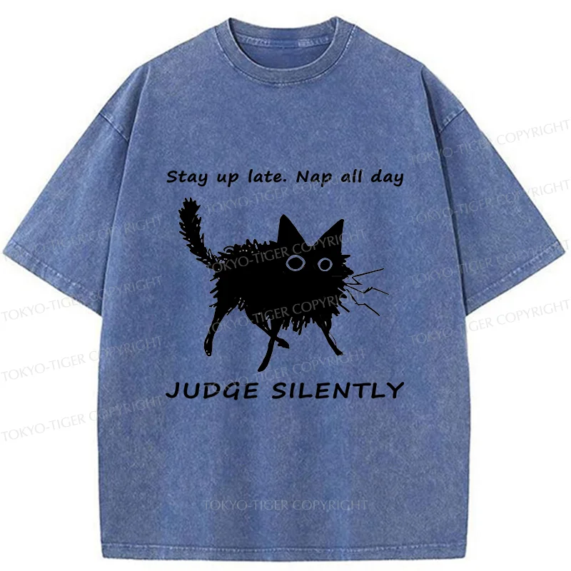 Tokyo-Tiger Lazy Black Cat Funny Washed T-Shirt