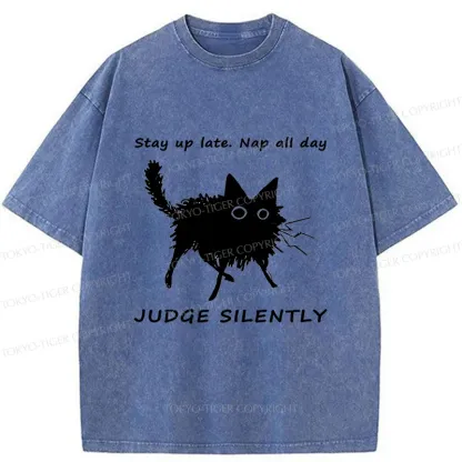 Tokyo-Tiger Lazy Black Cat Funny Washed T-Shirt